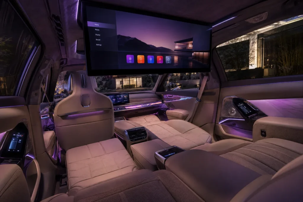 شاشة BMW Theatre Screen الخلفية داخل BMW i7 لتجربة ترفيه فاخرة لركاب المقاعد الخلفية