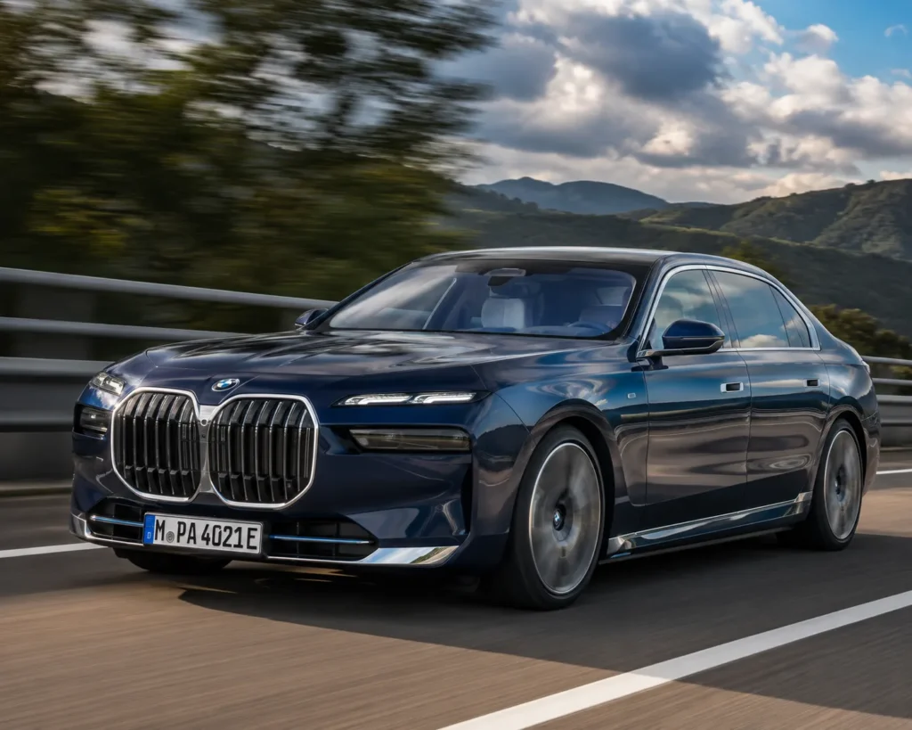 BMW i7 أثناء القيادة على طريق سريع مع نظام دفع كهربائي يوفر أداءً سلساً وثباتاً عالياً