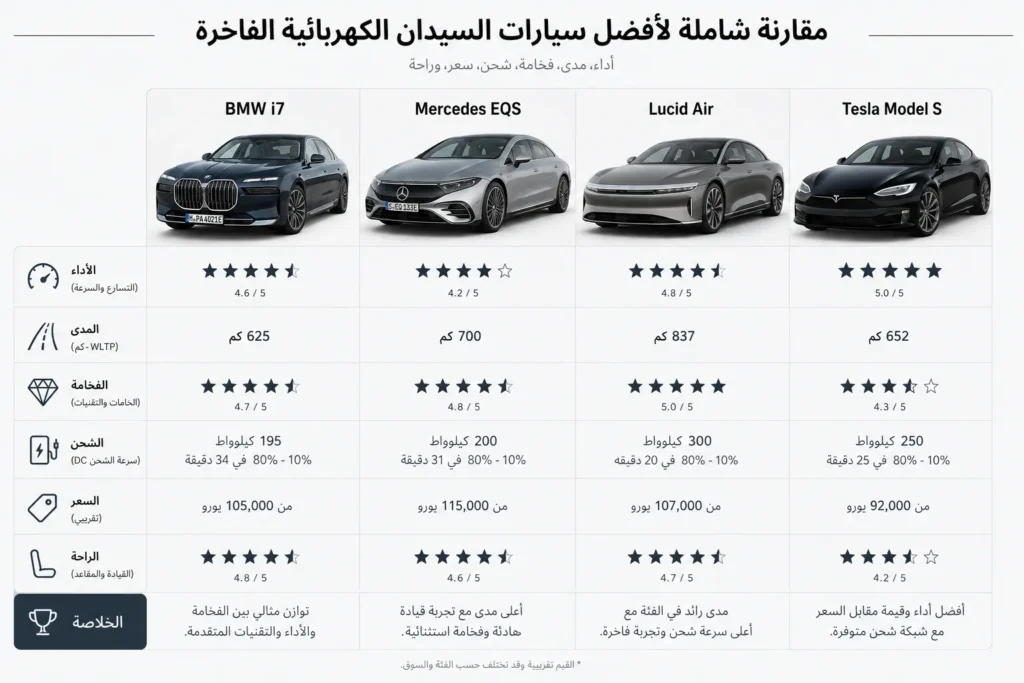مقارنة بين BMW i7 وMercedes EQS وLucid Air وTesla Model S من حيث الأداء والمدى والفخامة