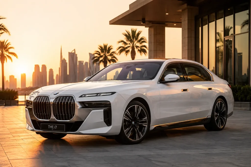 سيارة BMW i7 في بيئة شرق أوسطية توضح ملاءمتها للقيادة اليومية والمناخ الخليجي
