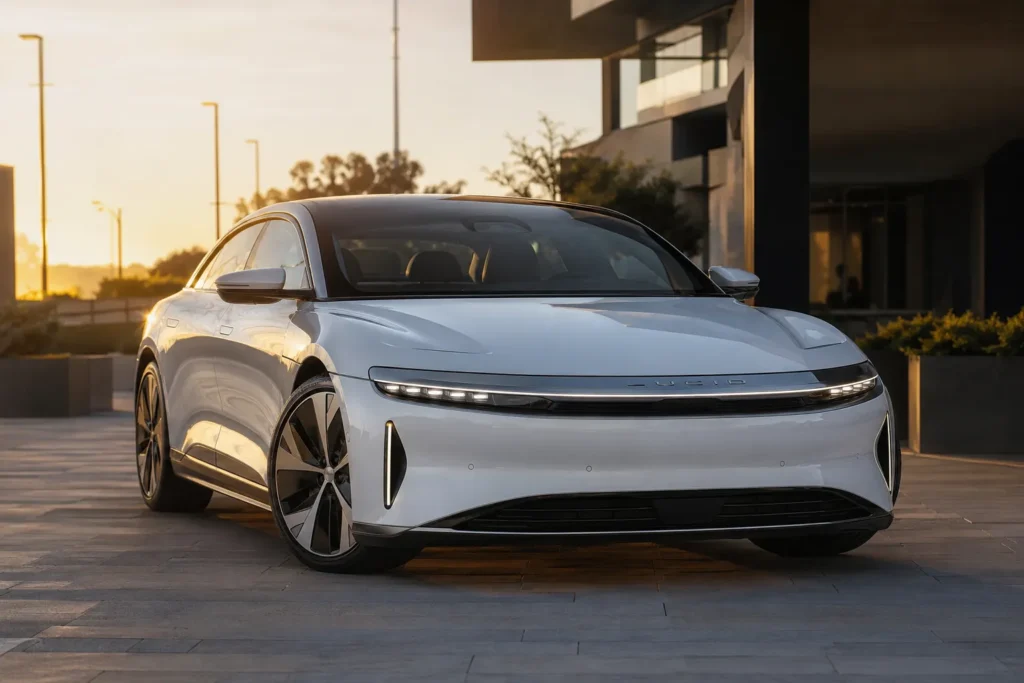 Lucid Air من زاوية أمامية جانبية بتصميم فاخر يعكس هوية السيارة الكهربائية.