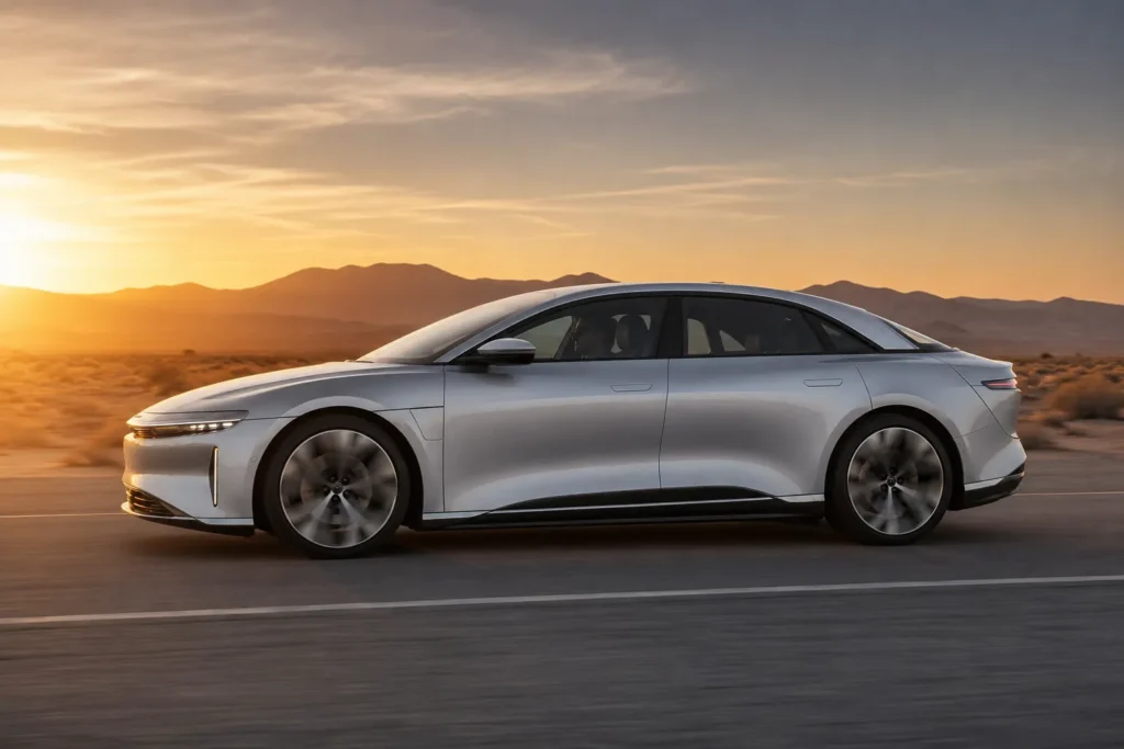التصميم الانسيابي لسيارة Lucid Air أثناء القيادة على طريق مفتوح.