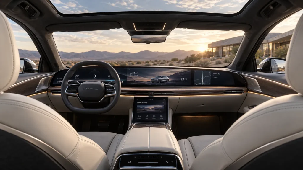 المقصورة الداخلية الفاخرة في Lucid Air مع الشاشات الرقمية والخامات الراقية.