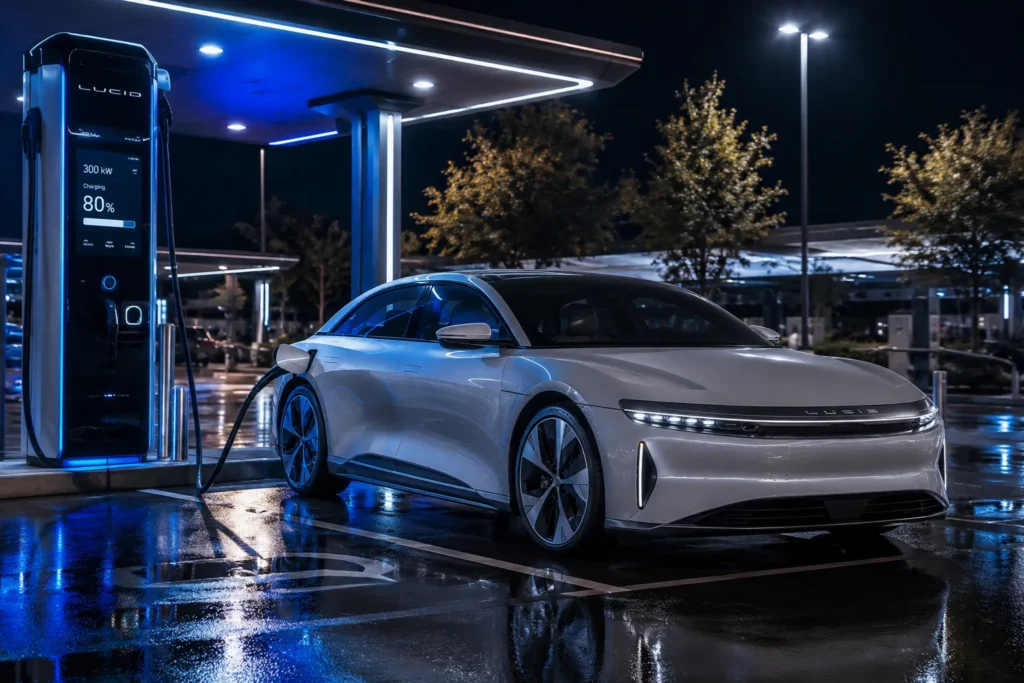 سيارة Lucid Air متصلة بمحطة شحن سريع توضح تقنية الشحن الكهربائي المتقدمة.