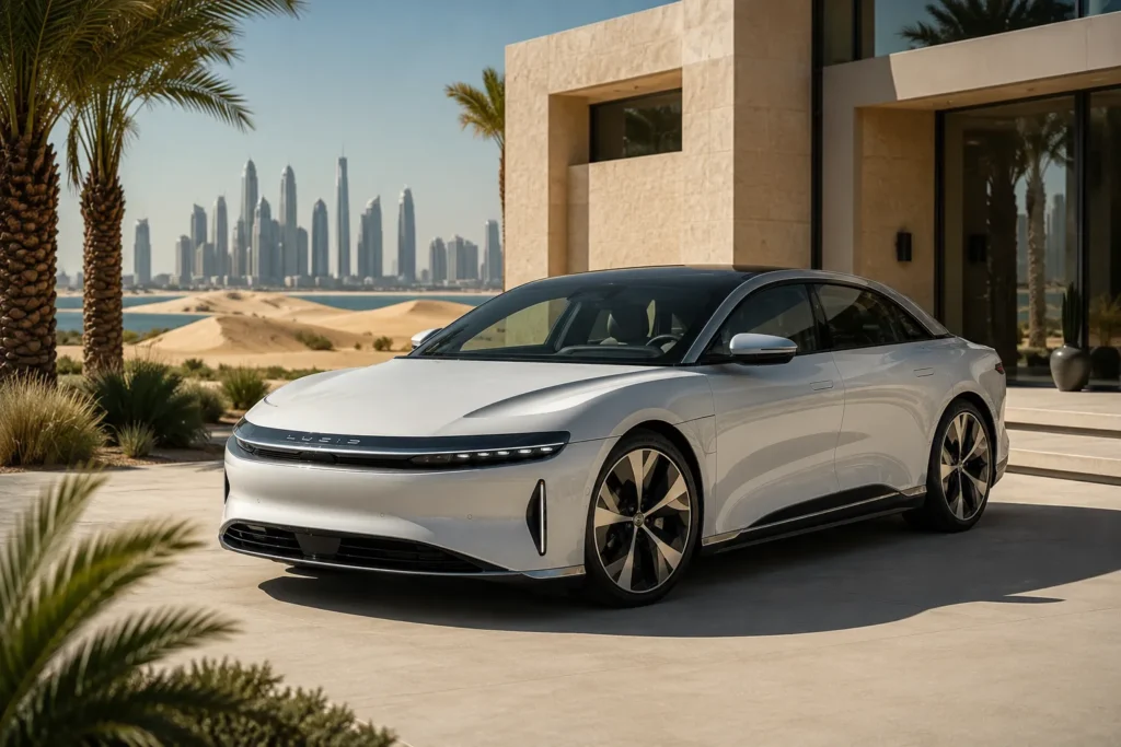 Lucid Air في بيئة صحراوية تعكس أداء السيارة الكهربائية في أجواء الخليج.