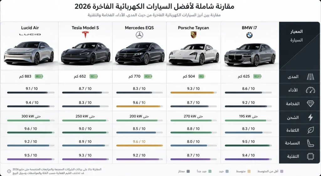 مقارنة بين Lucid Air وأبرز سيارات السيدان الكهربائية الفاخرة من حيث المدى والأداء والتقنيات.