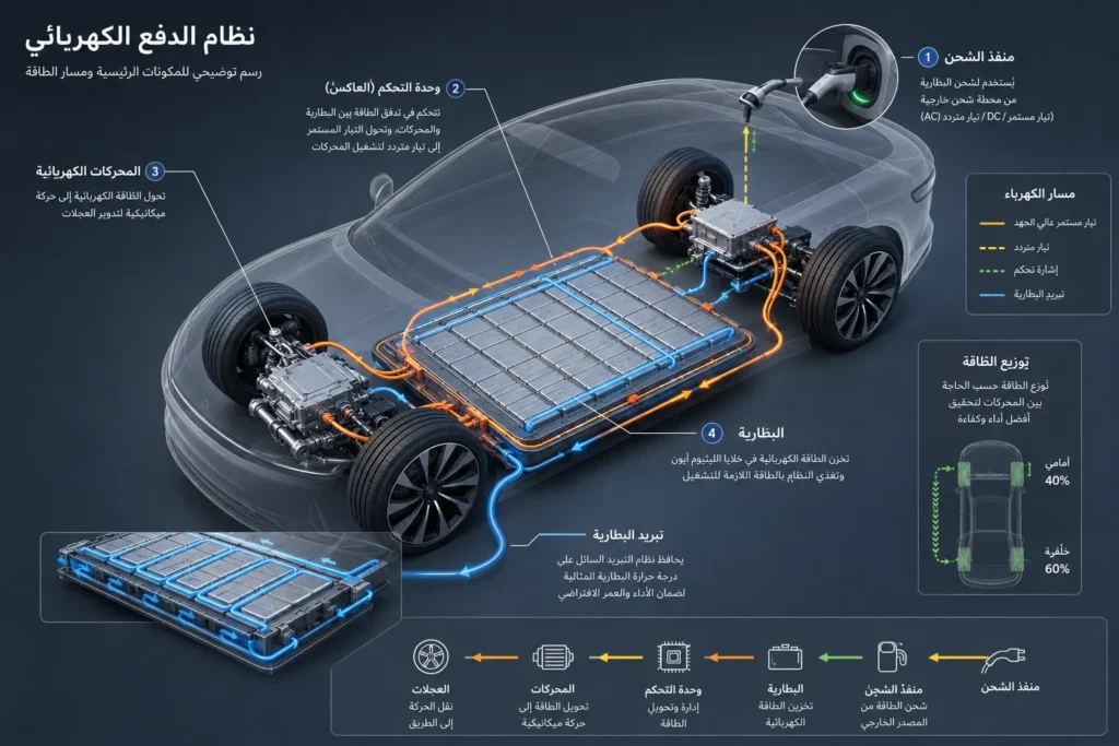 رسم توضيحي يشرح نظام البطارية ومنصة 900 فولت في سيارة Lucid Air.