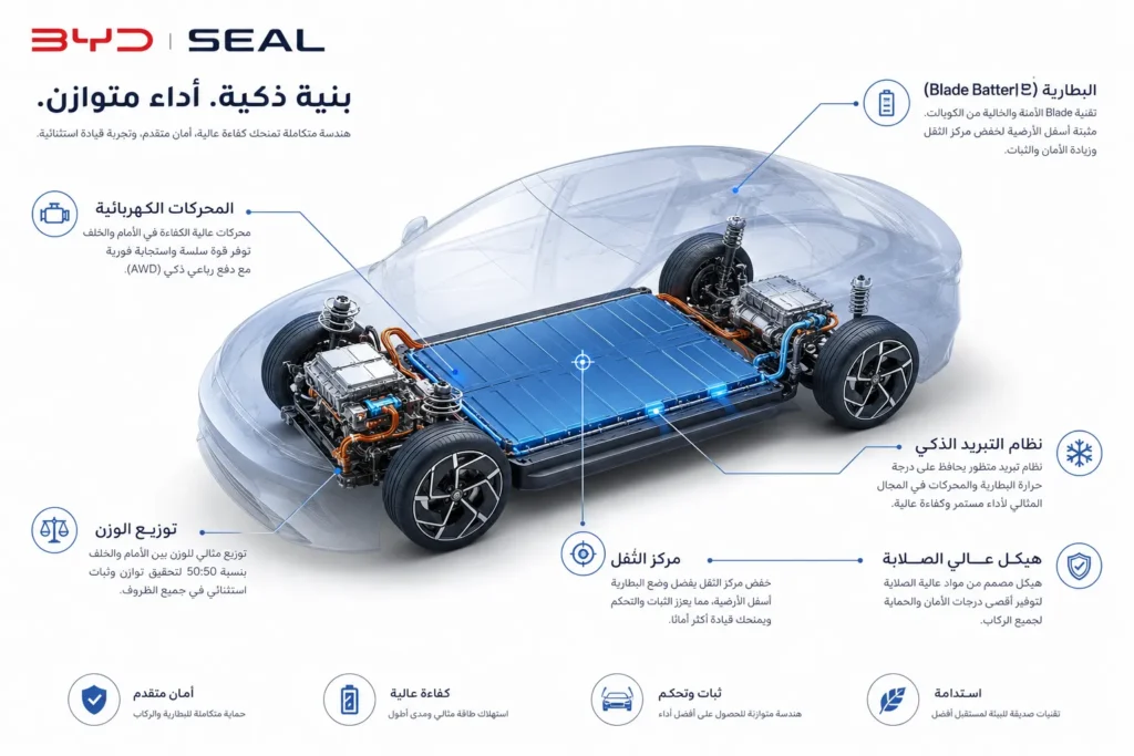 رسم توضيحي لمنصة e-Platform 3.0 Evo في سيارة BYD Seal يوضح توزيع البطارية والمحركات