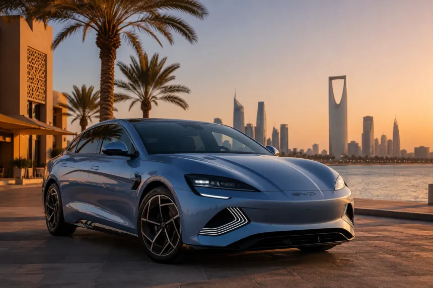 سيارة BYD Seal الكهربائية في بيئة خليجية حديثة توضح التصميم الخارجي الرياضي والأداء العصري