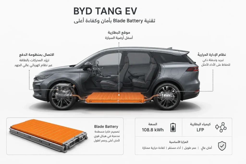 مخطط يوضح بطارية Blade LFP وموقعها أسفل أرضية سيارة BYD Tang EV