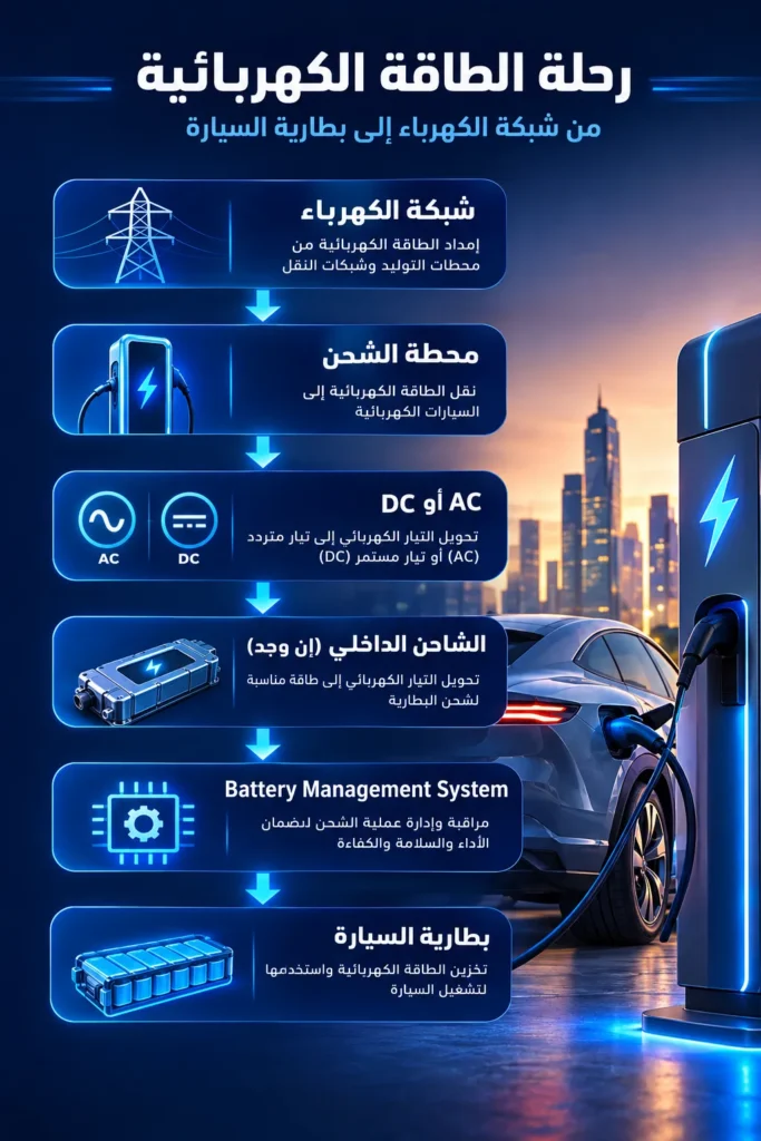 مخطط يوضح انتقال الكهرباء من الشبكة إلى بطارية السيارة الكهربائية أثناء الشحن