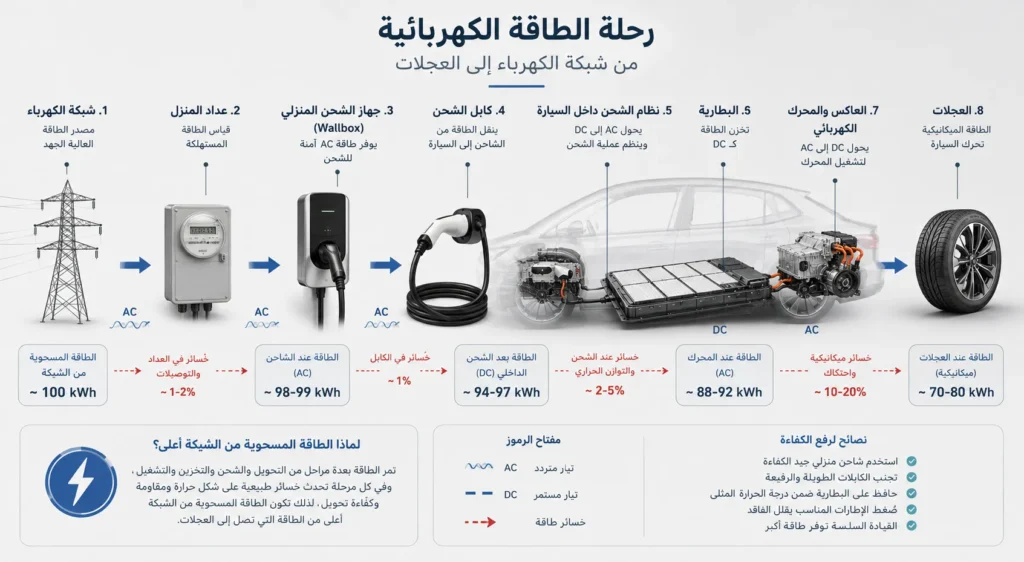 مخطط يوضح انتقال الطاقة من شبكة الكهرباء إلى بطارية السيارة الكهربائية والعجلات