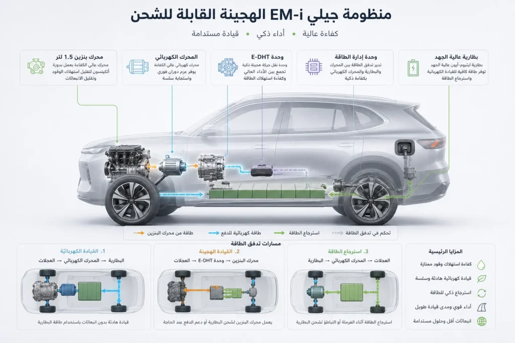 مخطط يوضح مكونات منظومة EM-i من جيلي وتدفق الطاقة بين البطارية والمحرك