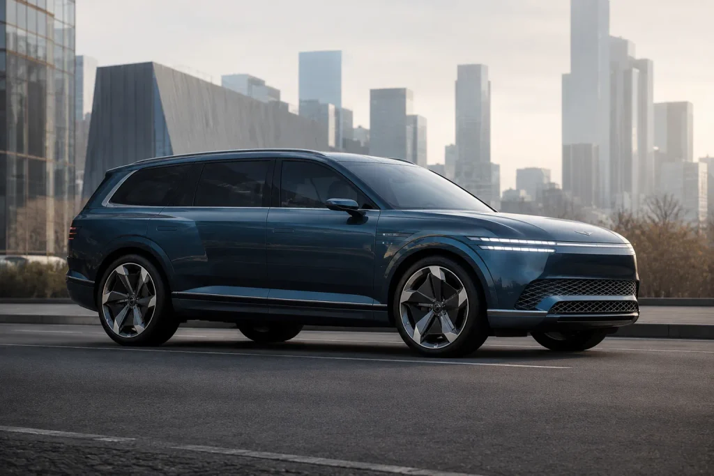Genesis GV90 من الجانب تُظهر طول السيارة وأبعادها الكبيرة في شارع حضري حديث