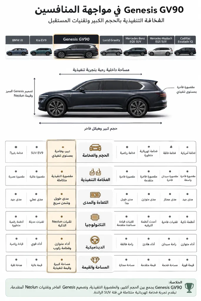 إنفوجرافيك يقارن Genesis GV90 مع أبرز سيارات SUV الكهربائية الفاخرة المنافسة