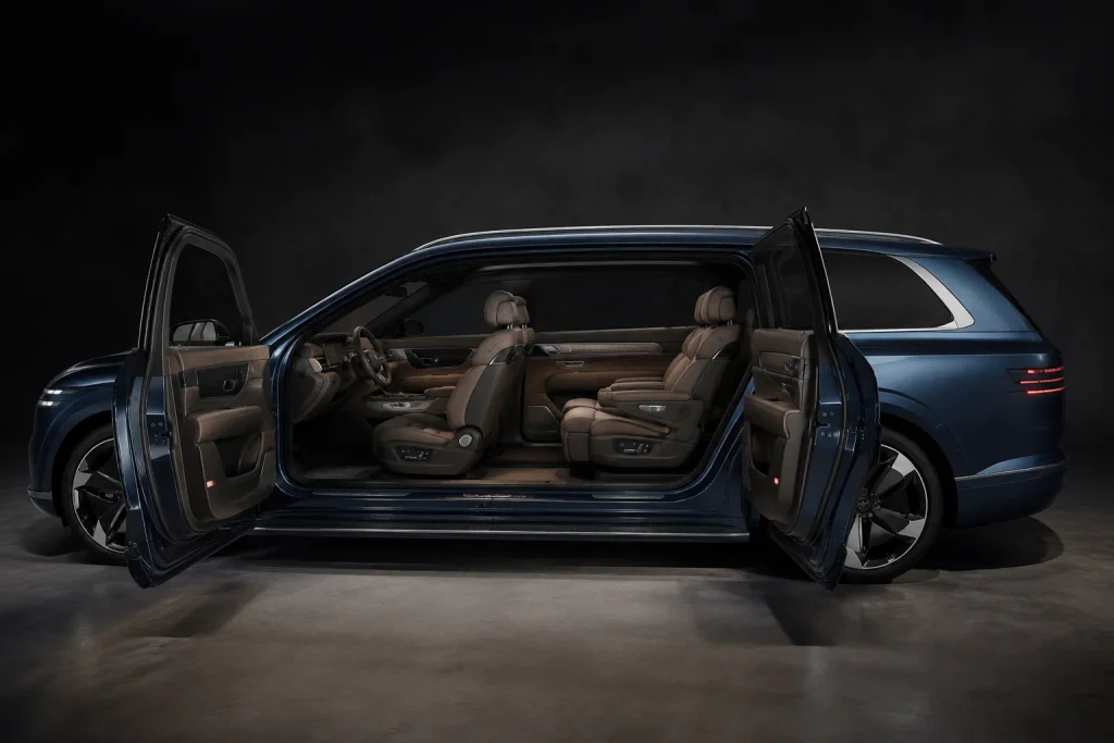 أبواب Genesis GV90 الأمامية والخلفية مفتوحة لإظهار تصميم Coach Doors والمقصورة الداخلية