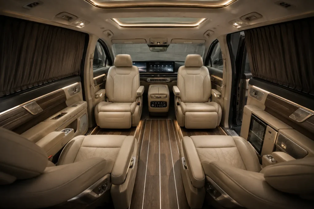 مقصورة Genesis GV90 Neolun Executive Suite بأربعة مقاعد فاخرة ومقاعد مواجهة لبعضها