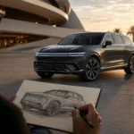 سيارة Genesis GV90 الكهربائية الفاخرة أمام مبنى عصري.