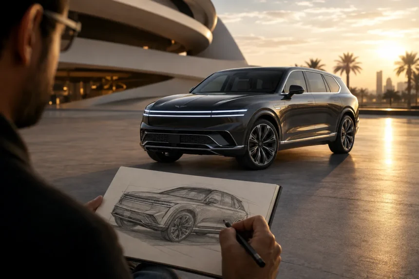 سيارة Genesis GV90 الكهربائية الفاخرة أمام مبنى عصري.