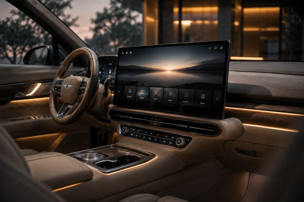 الشاشة المركزية الكبيرة في مقصورة Genesis GV90 مع واجهة ترفيهية وإضاءة داخلية فاخرة