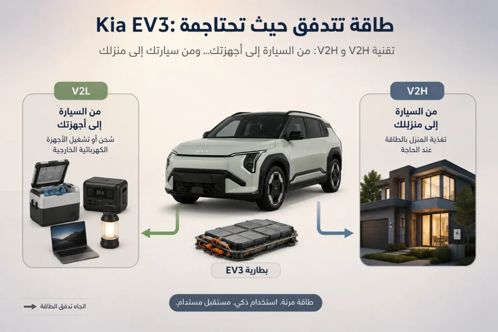 مخطط يوضح طريقة عمل تقنيتي V2L وV2H في كيا EV3
