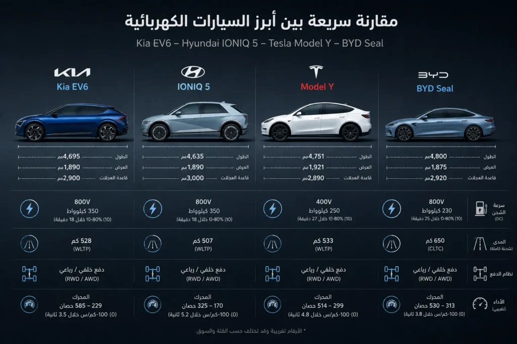 مقارنة بين كيا EV6 وهيونداي أيونيك 5 وتسلا موديل Y وBYD Seal