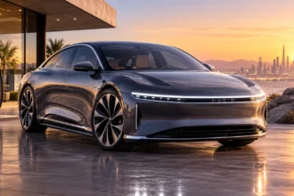 سيارة Lucid Air الكهربائية الفاخرة بتصميم انسيابي أمام منزل عصري وقت غروب الشمس.