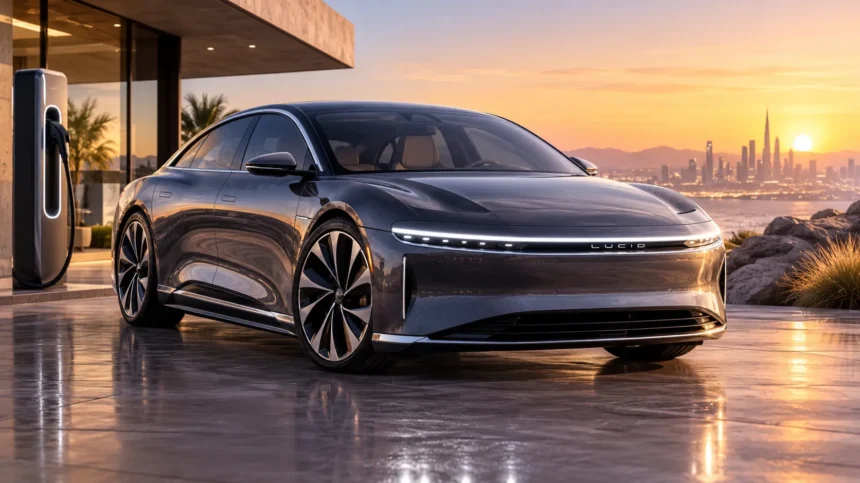 سيارة Lucid Air الكهربائية الفاخرة بتصميم انسيابي أمام منزل عصري وقت غروب الشمس.