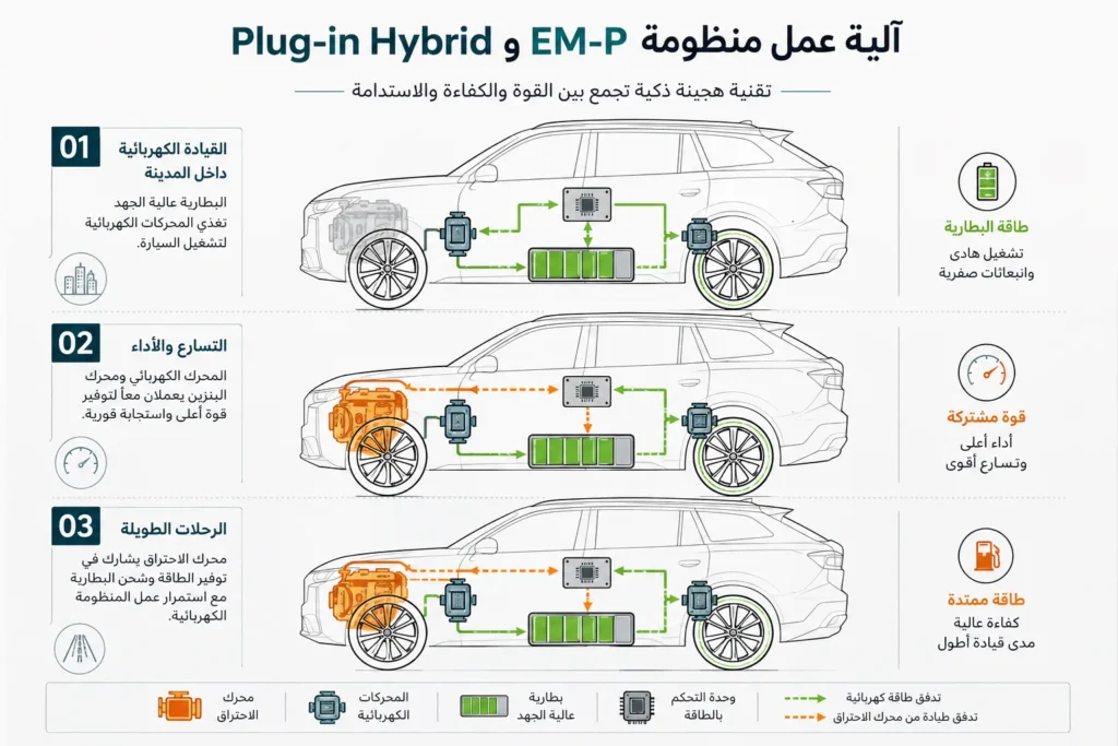 مخطط يوضح طريقة عمل منظومة الدفع الهجين القابل للشحن EM-P في سيارات لينك آند كو