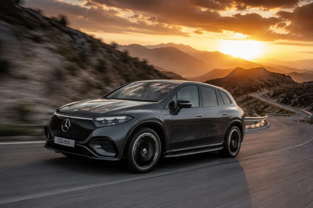 Mercedes EQS SUV أثناء القيادة على طريق جبلي مع إبراز الأداء والثبات والراحة
