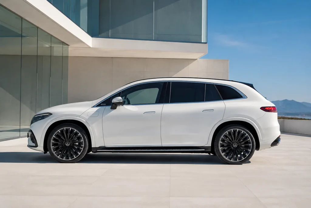 التصميم الخارجي لسيارة Mercedes EQS SUV مع الواجهة الأمامية الانسيابية والمصابيح الرقمية