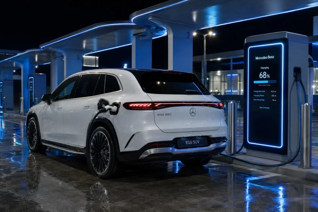 شحن سيارة Mercedes EQS SUV في محطة شحن سريع باستخدام تقنية DC