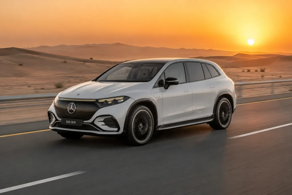 Mercedes EQS SUV أثناء القيادة في أجواء صحراوية حارة توضح كفاءة السيارة في مناخ الخليج