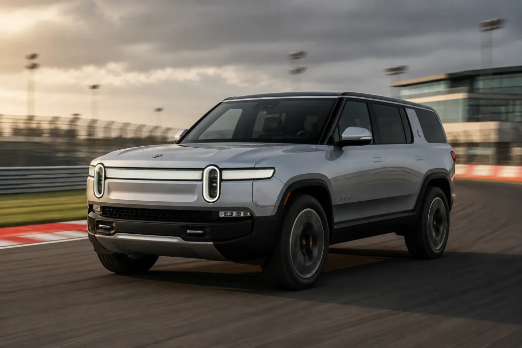Rivian R1S Quad أثناء التسارع على حلبة مغلقة