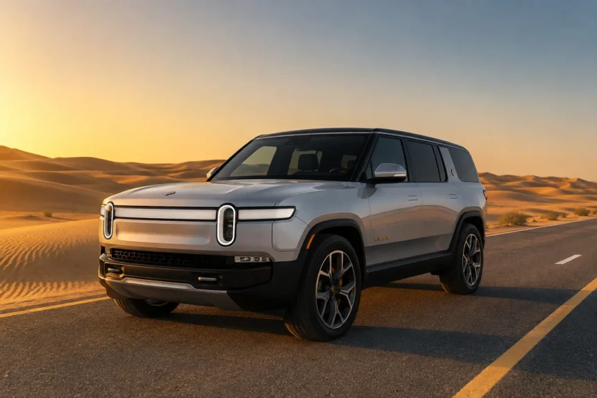 سيارة Rivian R1S Quad باللون الفضي على طريق صحراوي في الخليج