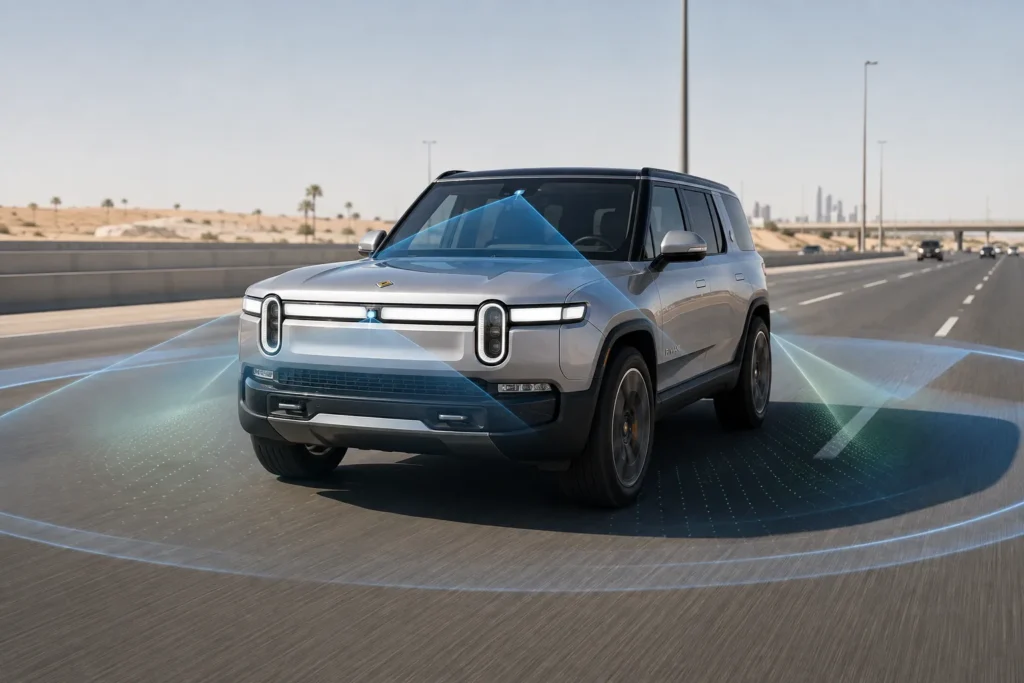 أنظمة مساعدة السائق في Rivian R1S Quad أثناء القيادة على الطريق