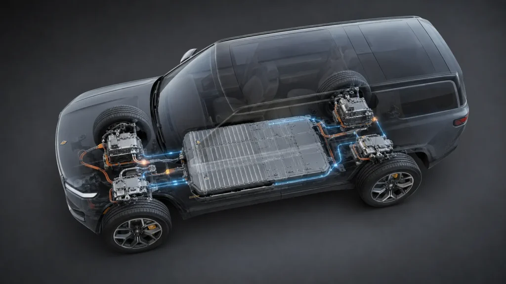 مخطط يوضح منظومة المحركات الأربعة في Rivian R1S Quad