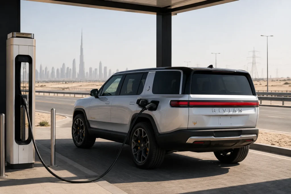 Rivian R1S Quad أثناء الشحن السريع في محطة شحن خليجية