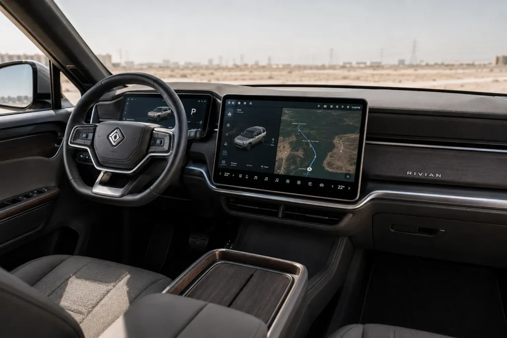 شاشة المعلومات والترفيه في مقصورة Rivian R1S Quad