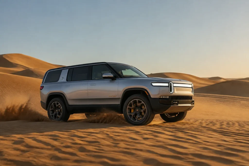 Rivian R1S Quad أثناء القيادة على الكثبان الرملية