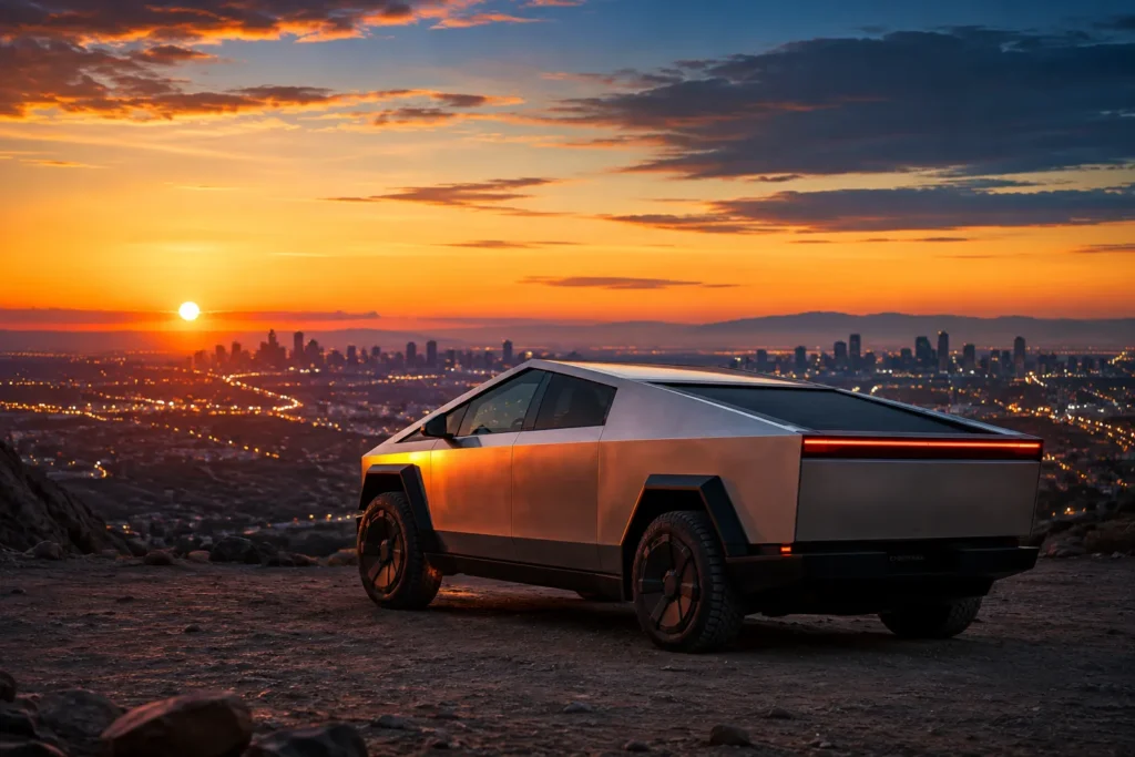 Tesla Cybertruck عند غروب الشمس مع إبراز التصميم المستقبلي والأداء الكهربائي