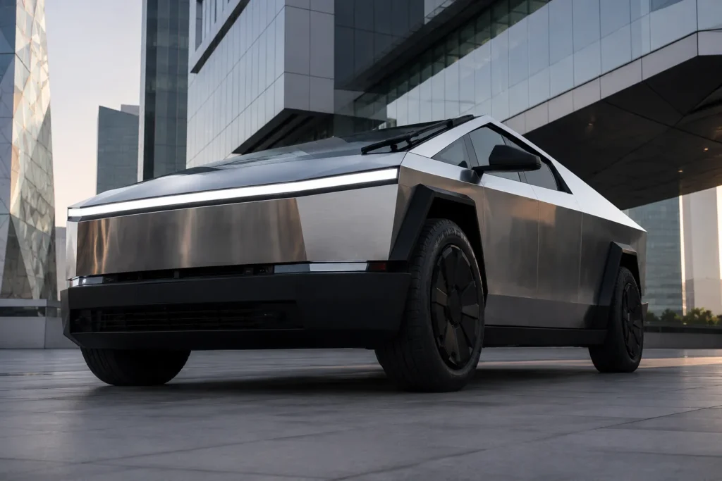 التصميم الخارجي لسيارة Tesla Cybertruck مع الهيكل المصنوع من الفولاذ المقاوم للصدأ