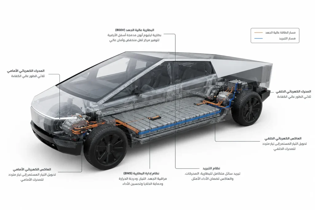 رسم توضيحي يوضح بطارية Tesla Cybertruck ومنظومة الدفع الكهربائية ونظام إدارة الطاقة