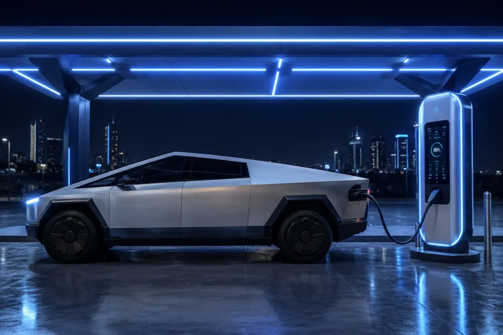 Tesla Cybertruck أثناء الشحن السريع في محطة شحن كهربائية حديثة