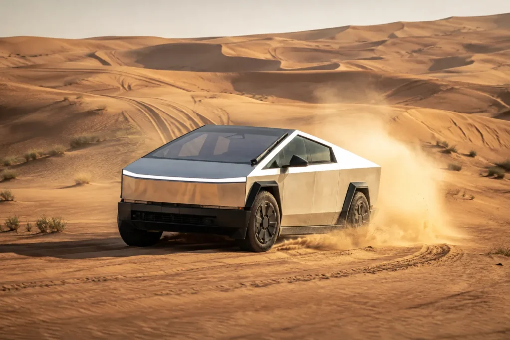 Tesla Cybertruck أثناء القيادة على الطرق الوعرة في بيئة صحراوية