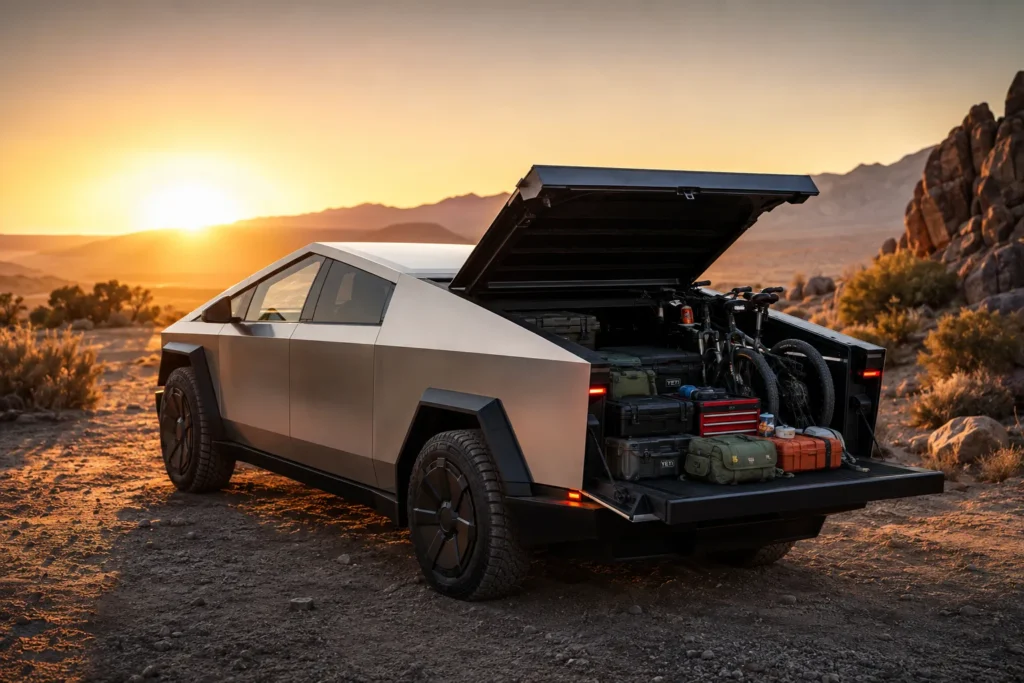 صندوق التحميل الخلفي في Tesla Cybertruck مع مساحة تخزين عملية ومعدات متنوعة