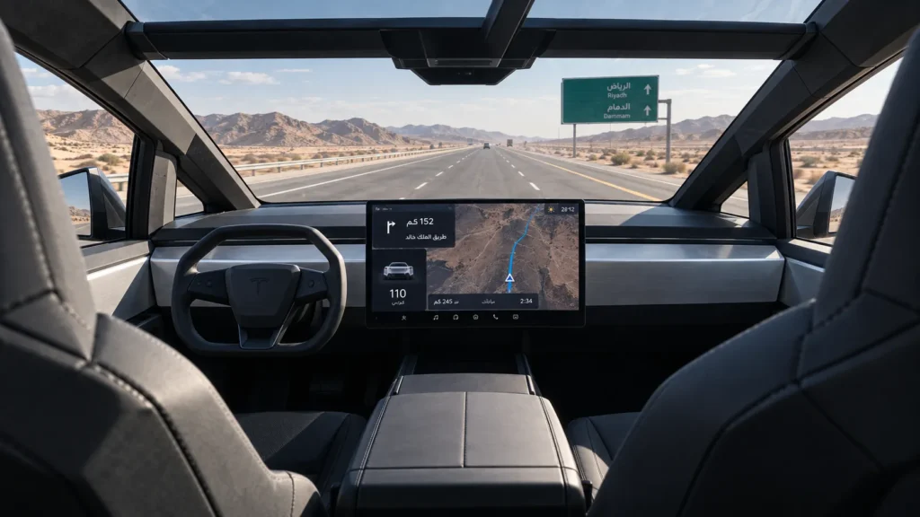 المقصورة الداخلية في Tesla Cybertruck مع الشاشة المركزية والتصميم البسيط