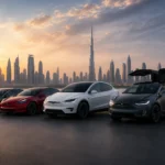 أحدث سيارات Tesla في الشرق الأوسط مع أفق مدينة حديثة يرمز إلى مستقبل التنقل الكهربائي