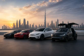 أحدث سيارات Tesla في الشرق الأوسط مع أفق مدينة حديثة يرمز إلى مستقبل التنقل الكهربائي