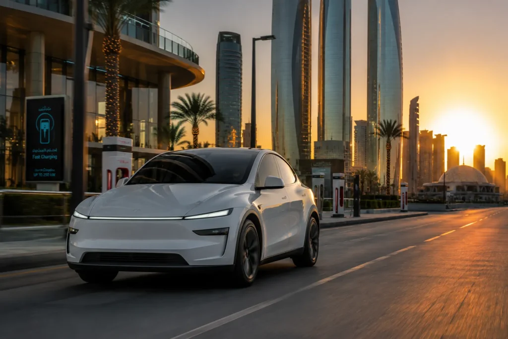 سيارة Tesla كهربائية في مدينة ذكية تعكس مستقبل التنقل المستدام في الشرق الأوسط